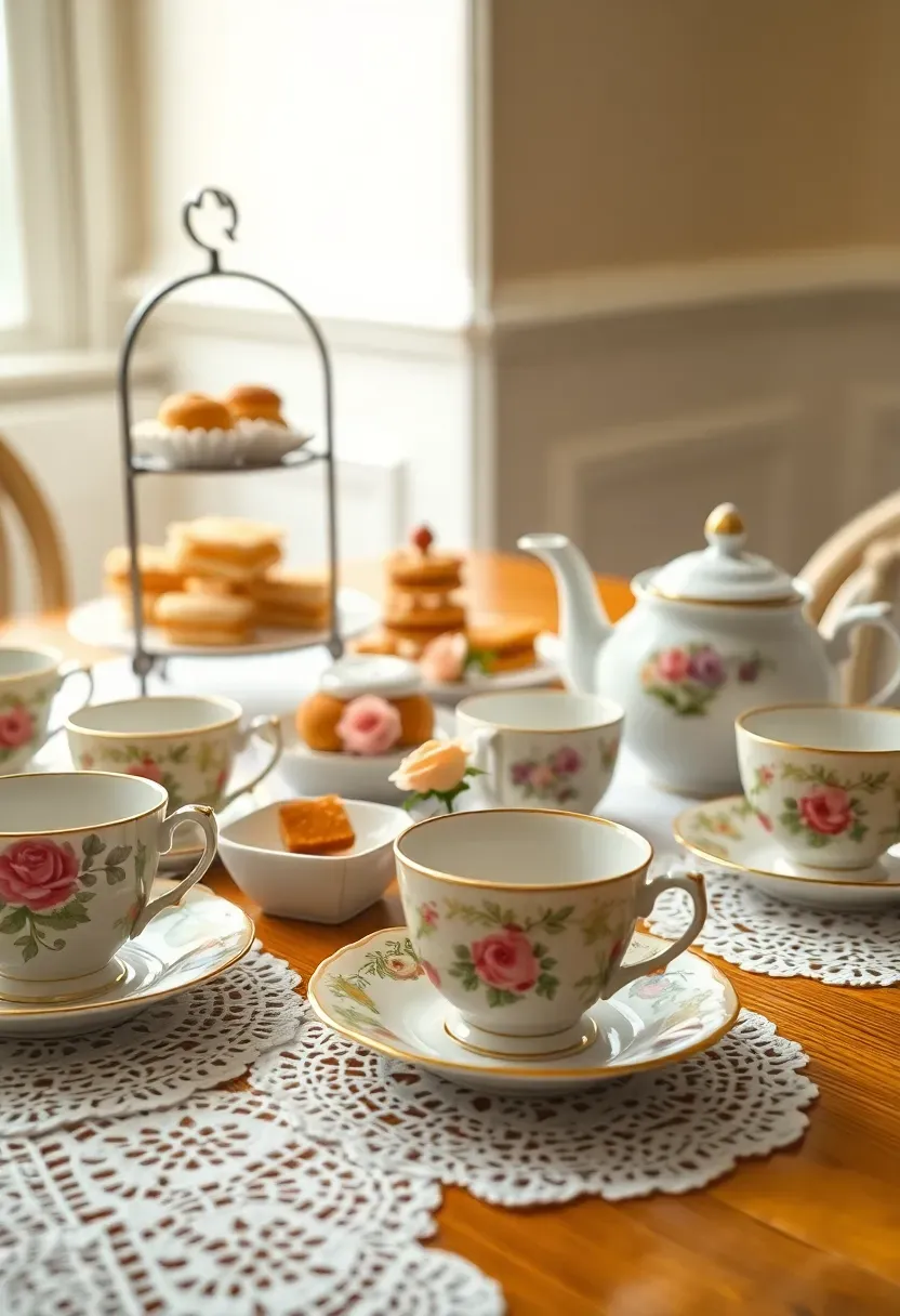 vintage tea party baby shower with mismatched china cups and tiered sandwich trays
