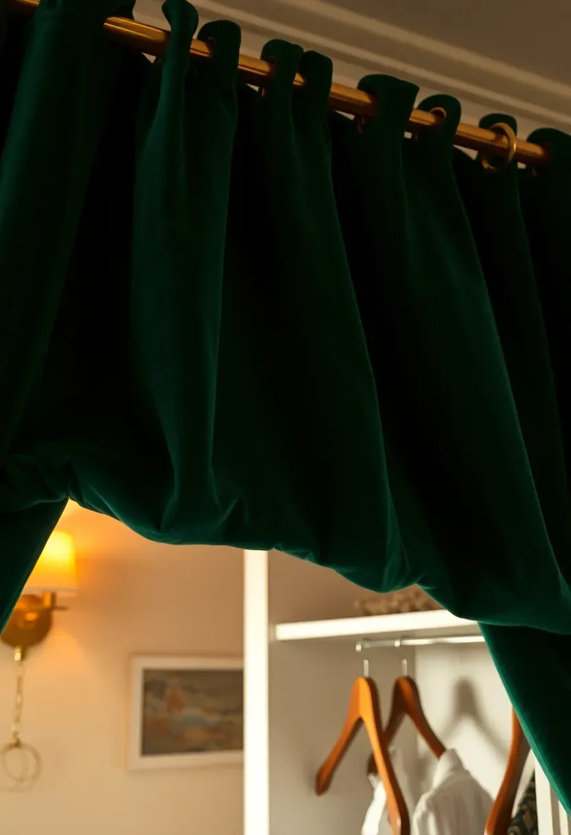 Rich emerald velvet drape hanging from a polished brass curtain rod over a closet opening in a luxurious bedroom