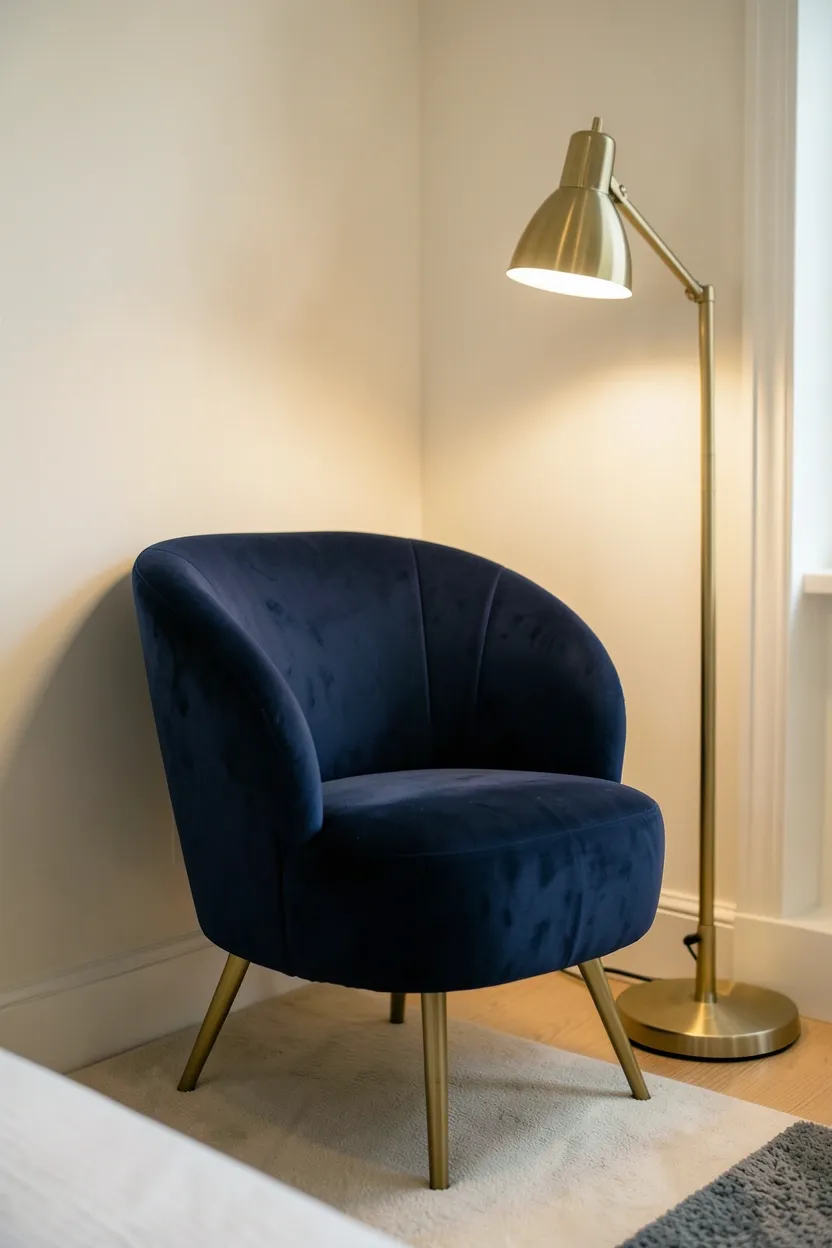 Emerald green velvet wingback accent chair in the corner of a cozy modern luxury bedroom with brass floor lamp