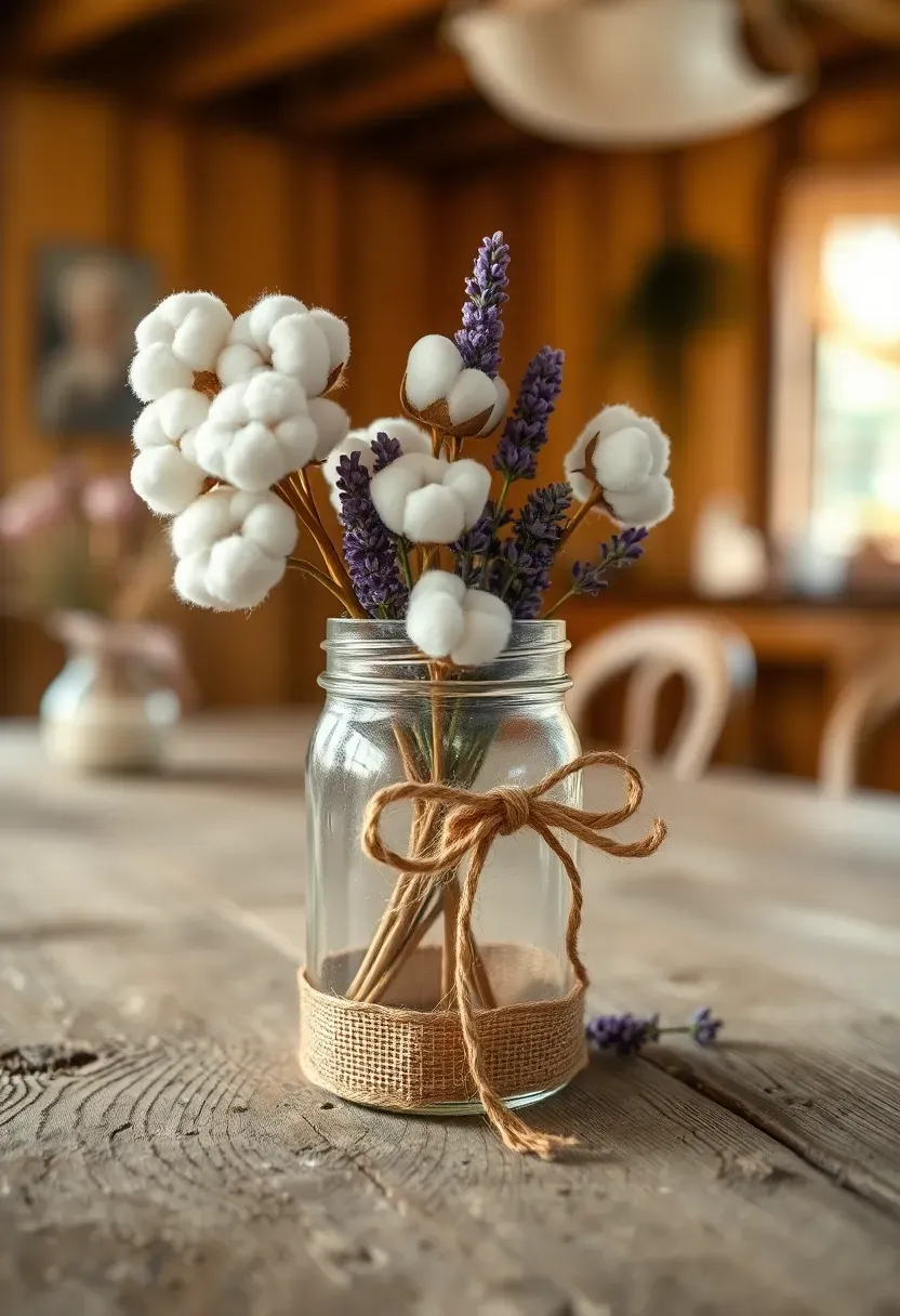 farmhouse style mason jar with cotton stems and dried lavender wrapped in burlap ribbon on a wooden baby shower table