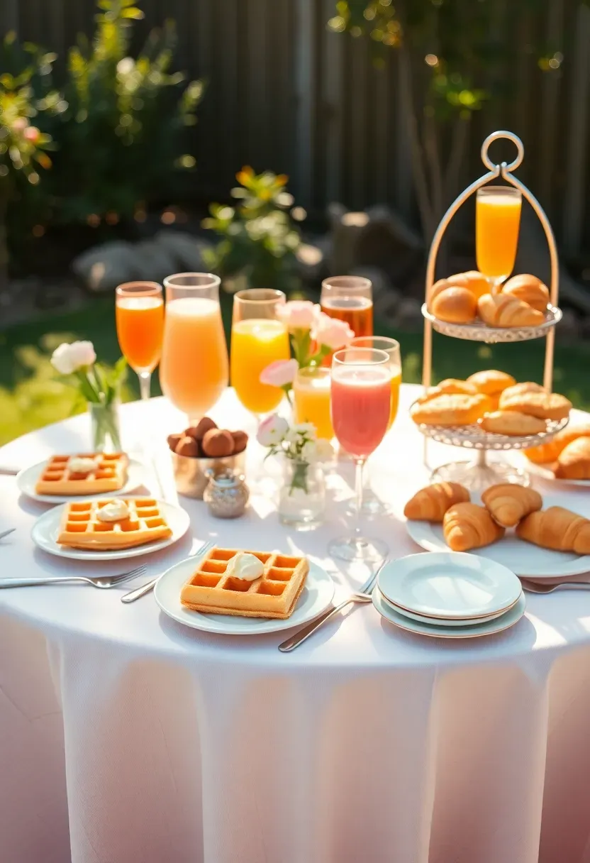 Daytime brunch engagement party in a backyard with a waffle station, mimosa bar, fresh flowers, and guests seated at a sunny table with pastel linens