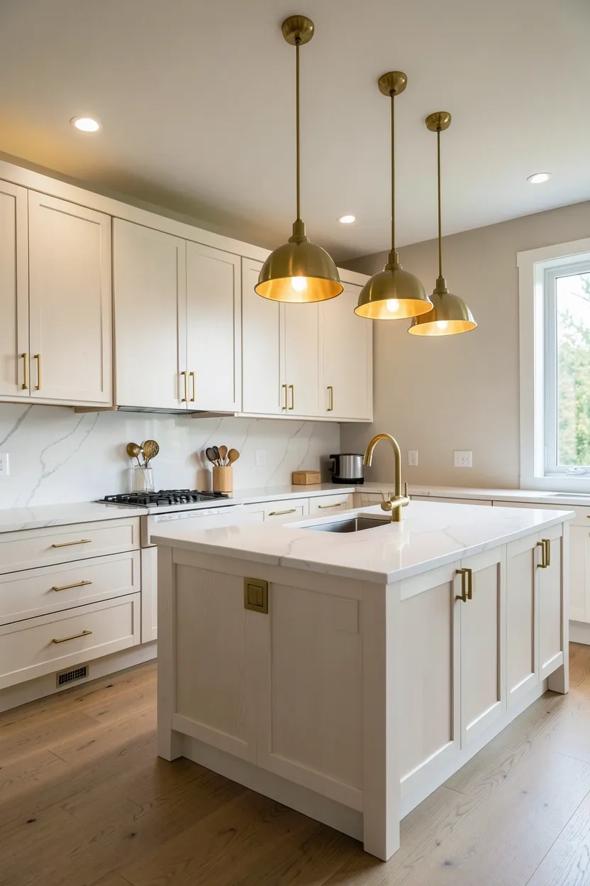 Hyper-realistic wide shot of a modern kitchen with white oak cabinets featuring brass hardware throughout. White oak flat-panel cabinets on perimeter and island. Brass bar pulls and handles on all cabinet doors and drawers create warm metallic accents. Brass faucet at sink. Three brass pendant lights with domed shades hang over island. Warm ambient lighting reflects from brass surfaces throughout space. White marble countertop. Neutral walls. Large windows with natural light. Clean surfaces. No text, no logos, no watermarks.</p>