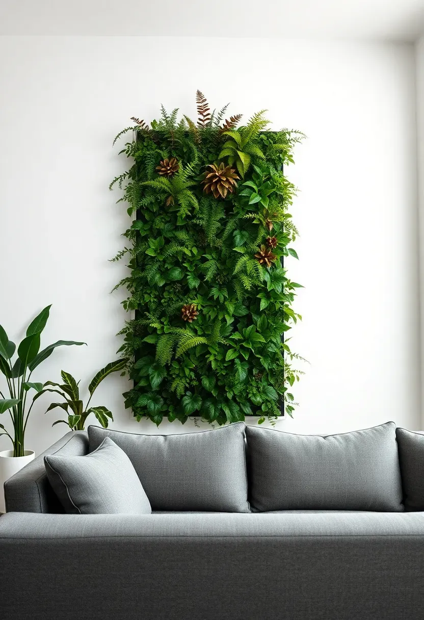 Hyper-realistic view of minimalist living room white wall featuring large vertical living wall with multiple plant varieties — ferns, pothos, succulents — integrated irrigation visible, gray sofa facing, white walls surrounding. Materials: living plants in vertical growing system, white walls, gray fabric sofa. Natural light, biophilic lush mood. Plant wall as focal point, shallow depth of field, no text, no logos.</p>