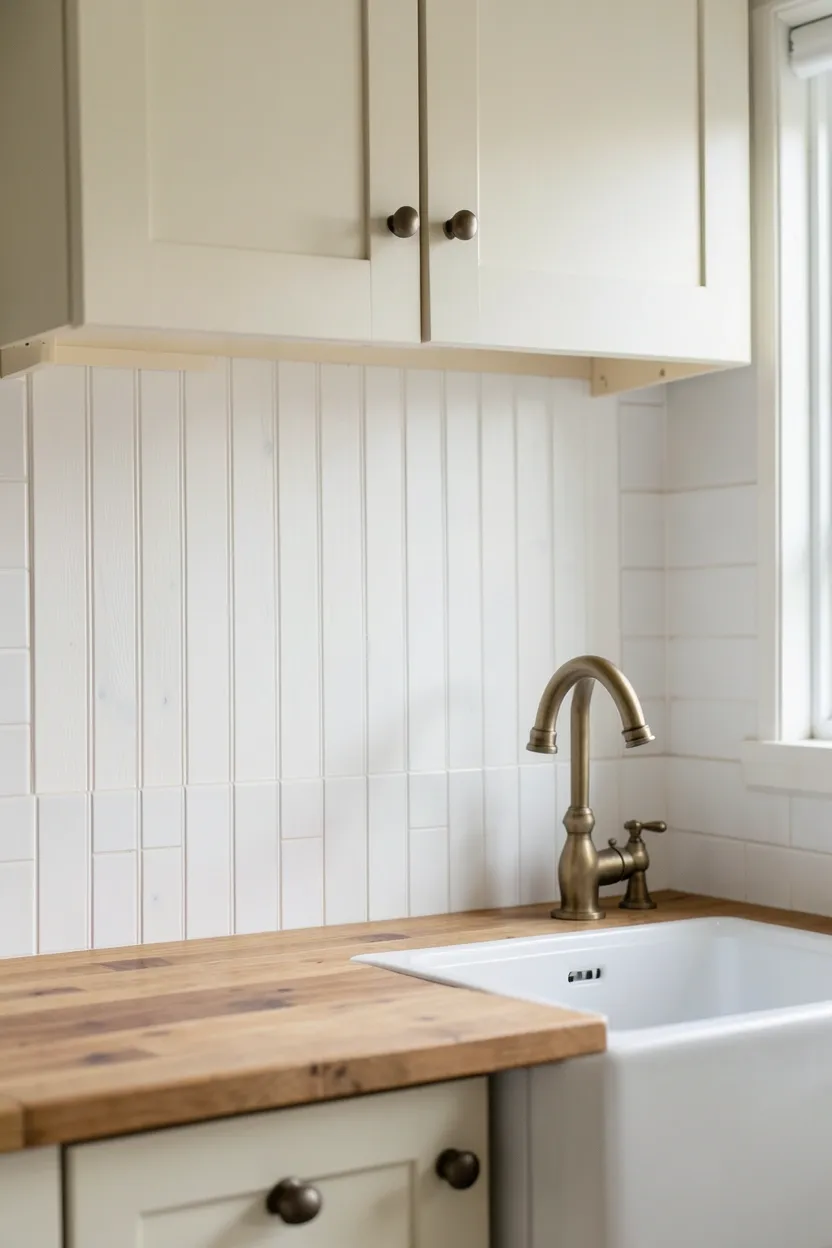 White painted beadboard backsplash adding cottage texture and visual height to a small kitchen — affordable DIY upgrade