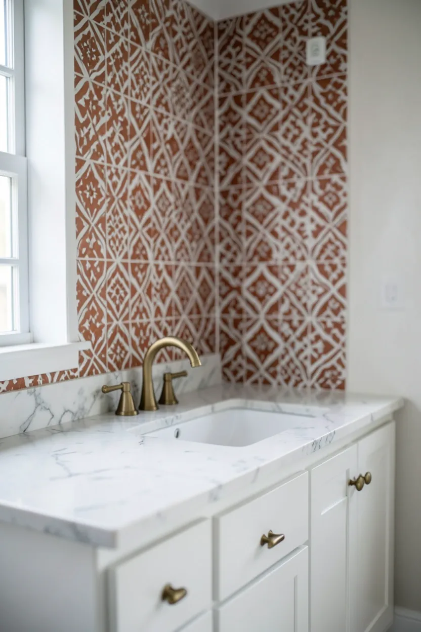 Luxurious bathroom with terracotta floor tiles and white marble countertop vanity with brass fixtures