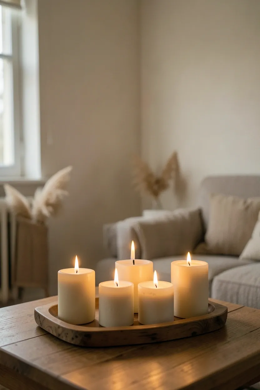 Grouped candles in ceramic holders and a wooden tray on a coffee table creating warm amber glow in a cozy Scandinavian boho apartment living room
