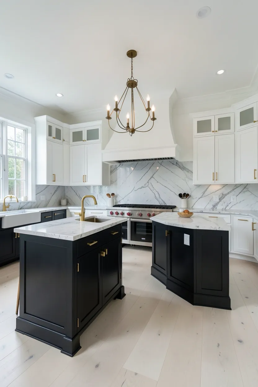 Double island luxury kitchen layout with waterfall marble countertops, brass edges, dark charcoal cabinets, and a statement chandelier centered between the two islands