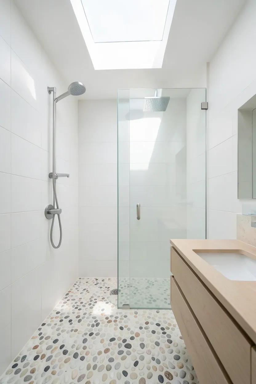 Bathroom skylight above glass-enclosed shower flooding white tile walls and pebble floor with soft natural daylight