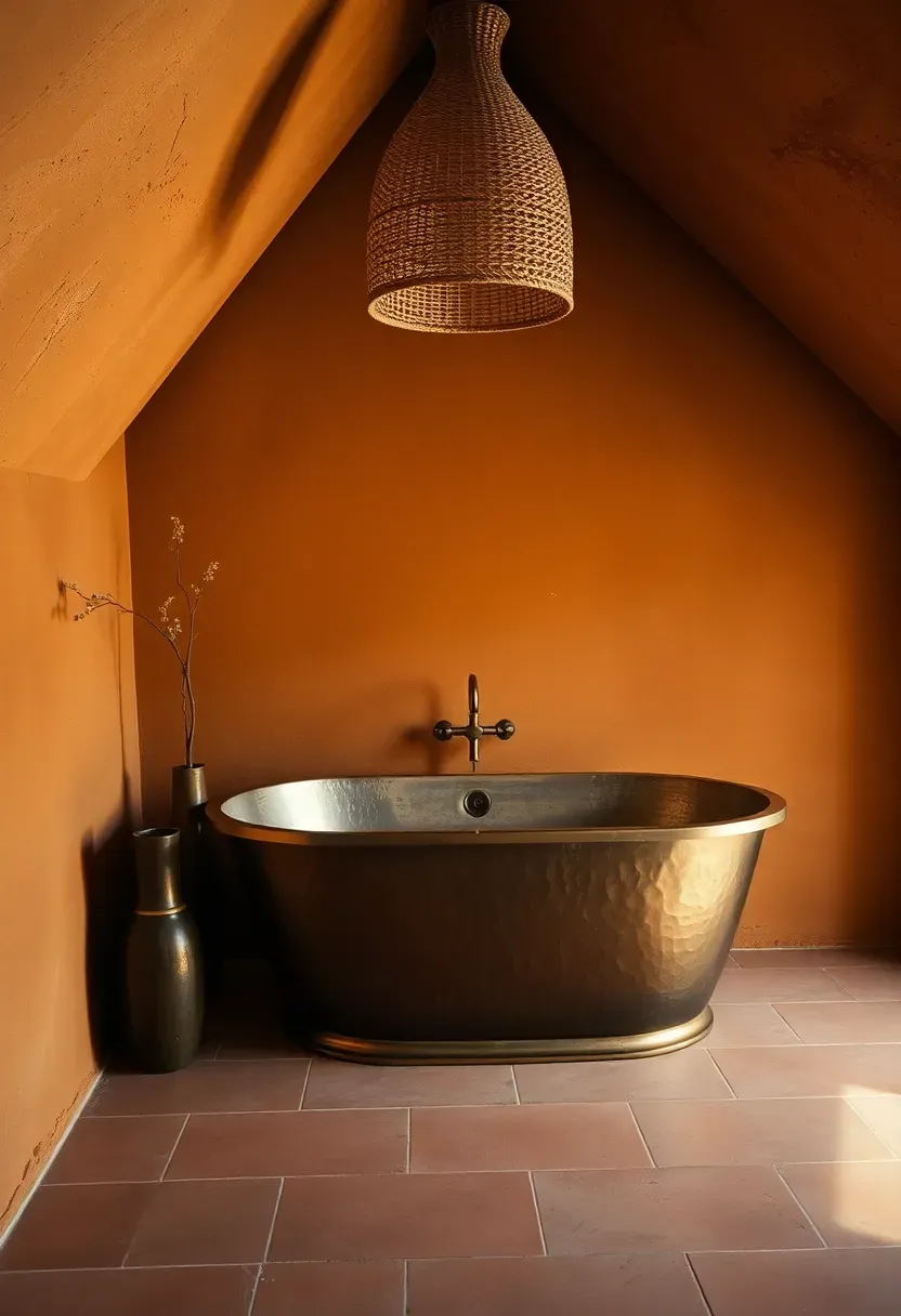 Earthy attic bathroom with warm ochre limewash plaster walls following the roof slope, hand-hammered copper freestanding bathtub, matte terracotta floor tiles, dried olive branch in tall vase, and rattan pendant light