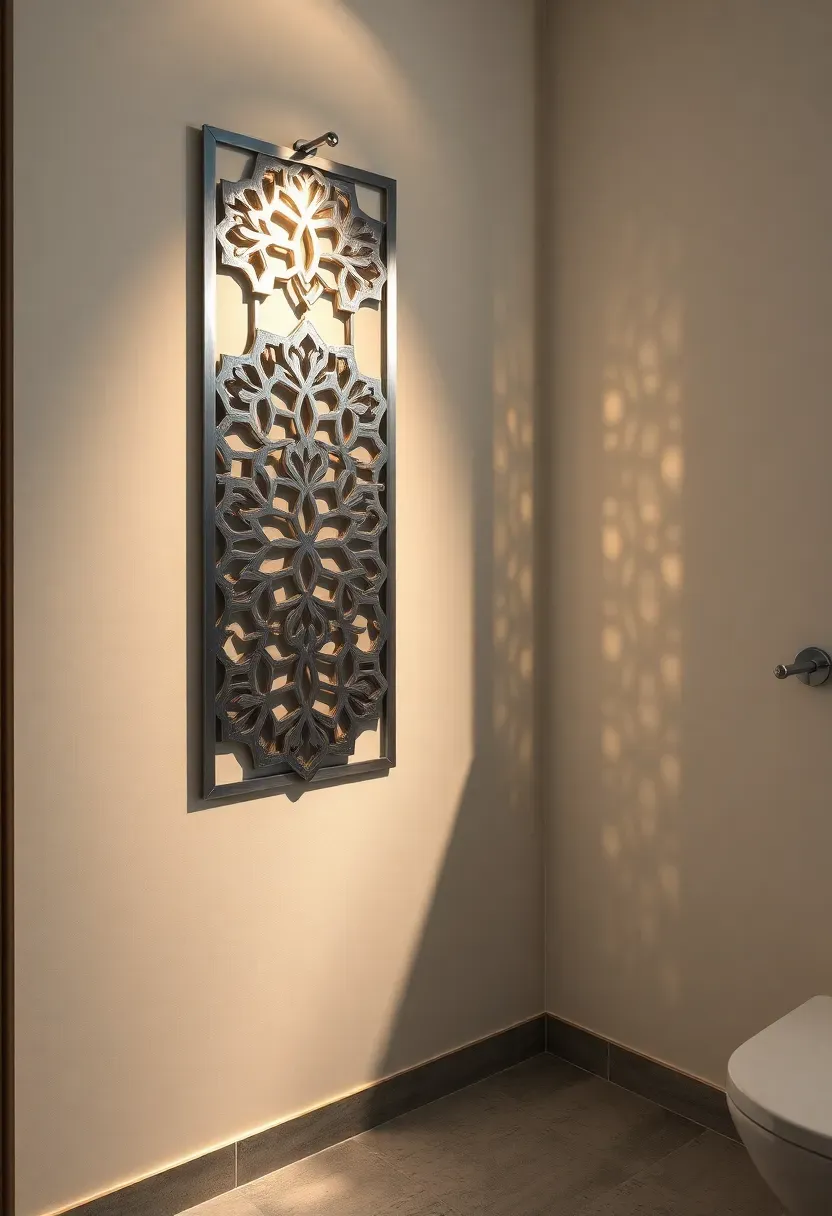 Intricate laser-cut stainless steel decorative screen panel with geometric pattern casting shadows on a white bathroom wall