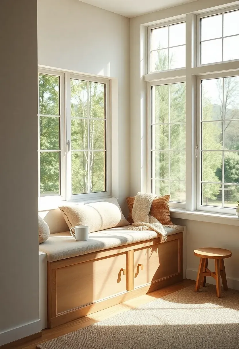 Hyper-realistic 3/4 view of a minimalist Japandi living room featuring built-in window seat with upholstered beige linen cushion, storage beneath, small wooden side table, large windows with view. Materials: warm white walls, light oak bench frame, beige linen cushion, wool throw, white ceramic mug. Soft natural daylight streaming through windows, creating gentle shadows, serene and cozy reading nook atmosphere. Sharp fabric and wood textures, clean composition, no clutter, no text, no watermarks.</p>