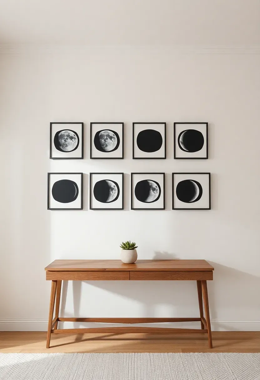 Set of eight framed canvas prints showing each phase of the lunar cycle arranged in a horizontal line on a bedroom wall
