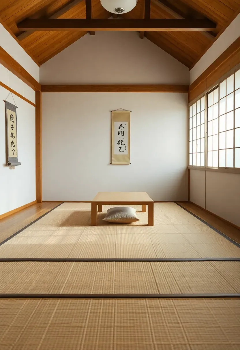 Hyper-realistic wide shot of Japanese tiny house living area embodying ma principle. Minimal furnishings: low table at center, single floor cushion, one scroll on wall. Tatami flooring, white shoji screen, abundant empty floor space. No clutter, no excessive decor—intentional emptiness creating serene calm. Materials: straw tatami, light wood table, cream fabrics, white paper surfaces. Abundant natural light emphasizing emptiness and simplicity. Shallow depth of field showing tatami texture and scroll details. Profound Japanese minimalism mood.</p>
