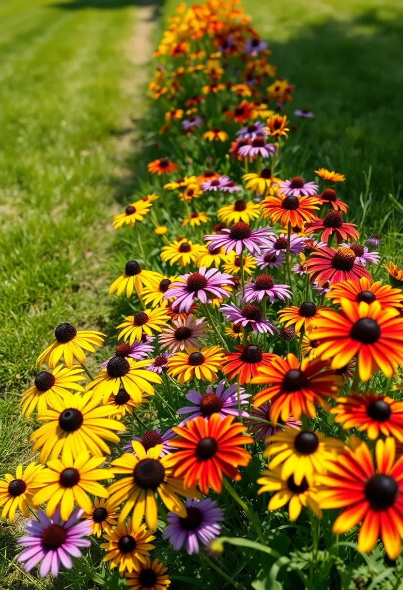 A backyard strip of native wildflowers including black-eyed susans, coneflowers, and blanket flowers blooming in full sun