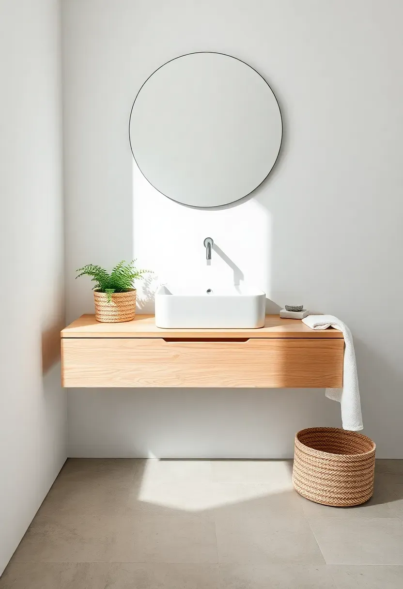 Minimalist Scandinavian bathroom with light wood accents, white surfaces, and simple clean lines