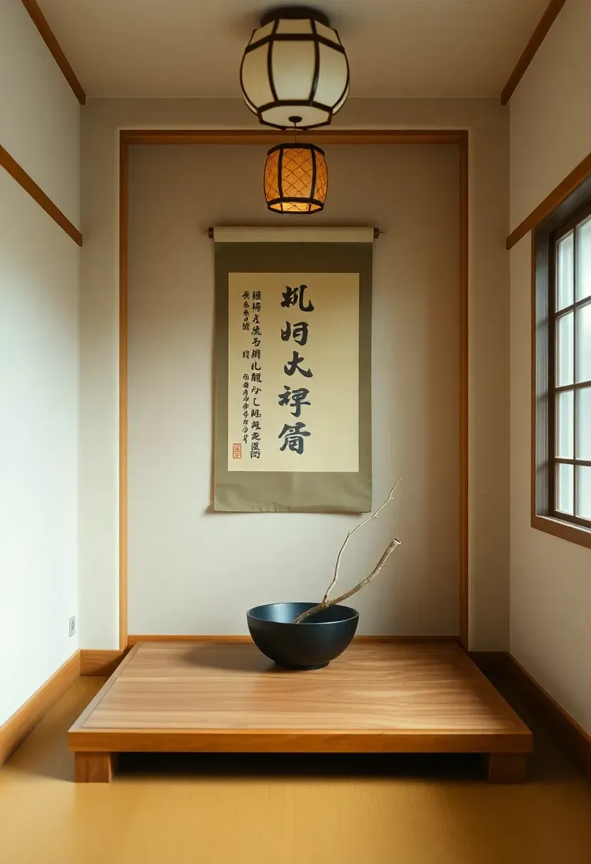 Hyper-realistic straight-on view of tokonoma alcove in Japanese tiny house tatami room. Raised wooden platform (6 inches above floor), alcove with calligraphy scroll hung on back wall, ceramic bowl with single branch arrangement below. Tokonoma features subtle wooden frame, natural paper-textured wall surround. Materials: light wood, cream plaster walls, black ceramic bowl, dried branch. Soft ambient light from paper lantern and window, emphasizing minimalist display. Shallow depth of field showing scroll texture and branch details. Meditative Japanese aesthetic mood.</p>