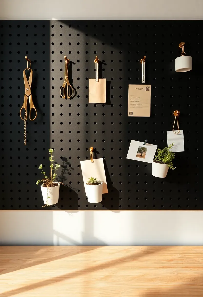Organized pegboard utility wall in a home office with hooks holding scissors, tape, plants in small pots, and pinned notes and photos