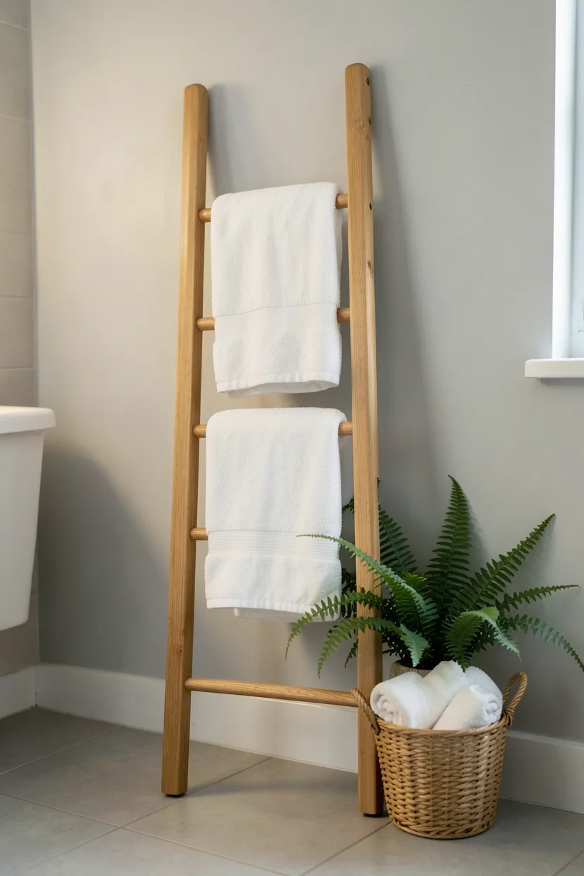 Wooden towel ladder leaning against a bathroom wall with folded neutral towels in a cozy rental bathroom
