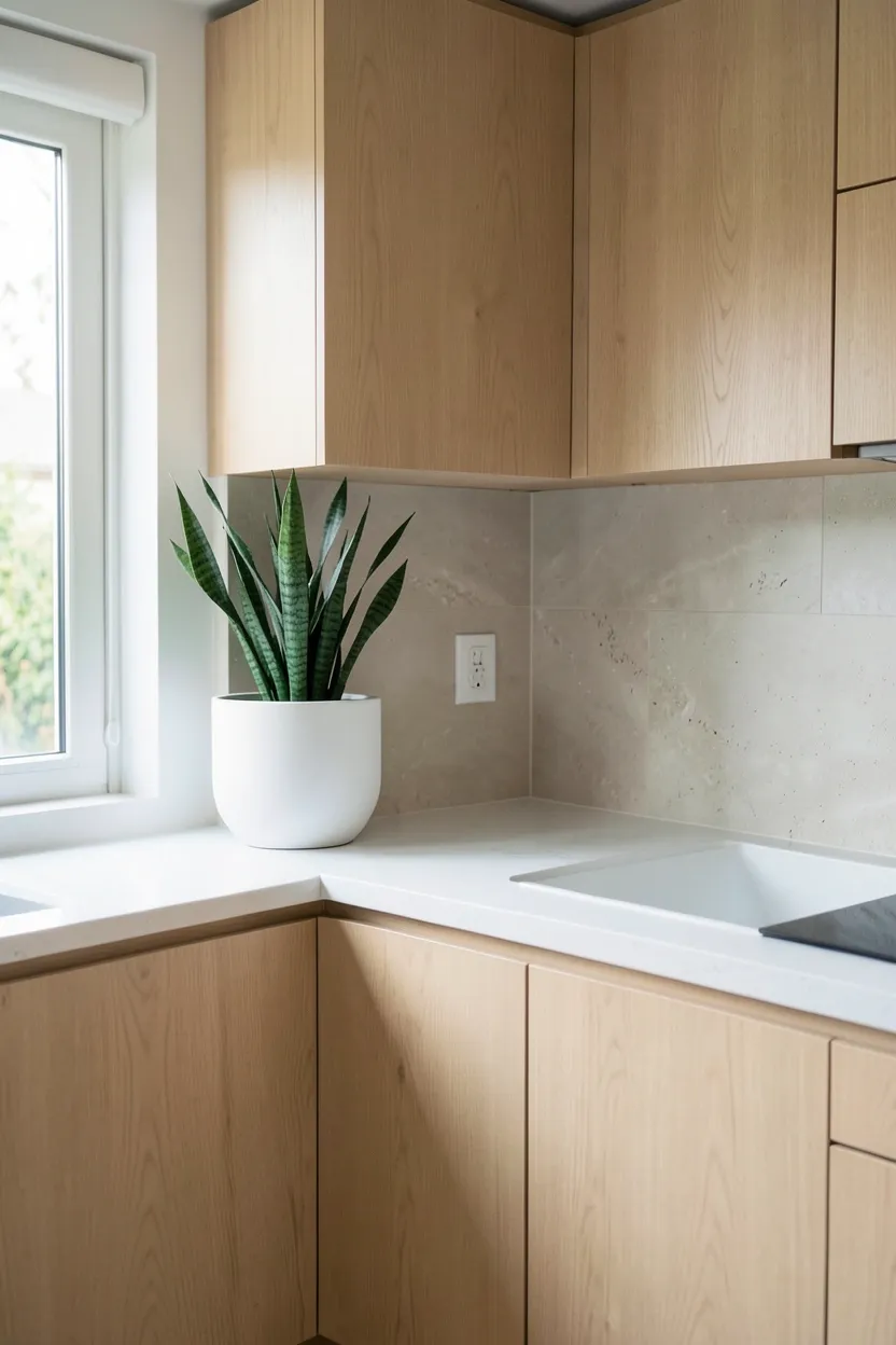 Japandi kitchen slab door cabinetry in matte white with recessed integrated pulls and no decorative molding