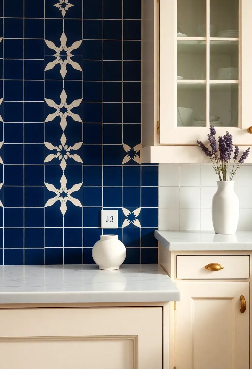 star and cross pattern cement tile backsplash in navy and white in a French country kitchen with marble counters