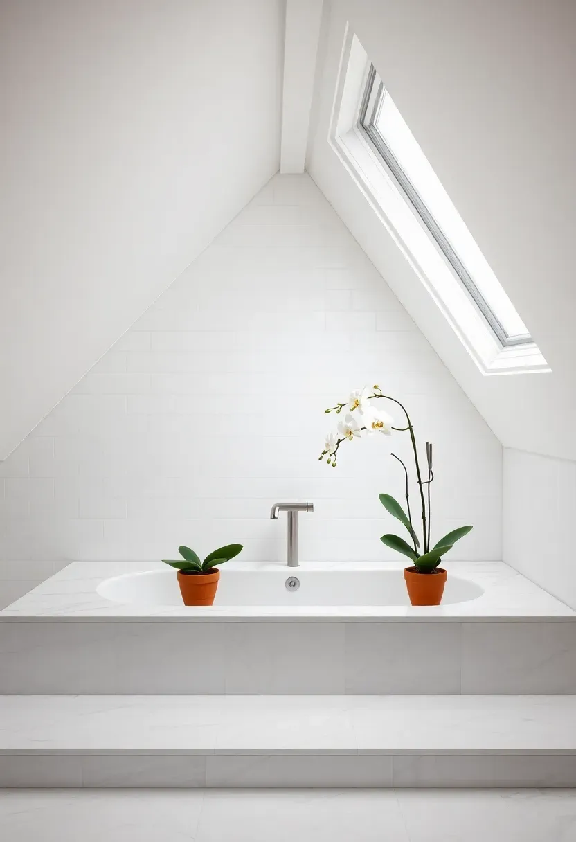 Elegant attic bathroom with white Carrara marble tiled platform tub built under the highest ceiling point, triangular gable window above flooding the space with light, and white orchid on the marble ledge