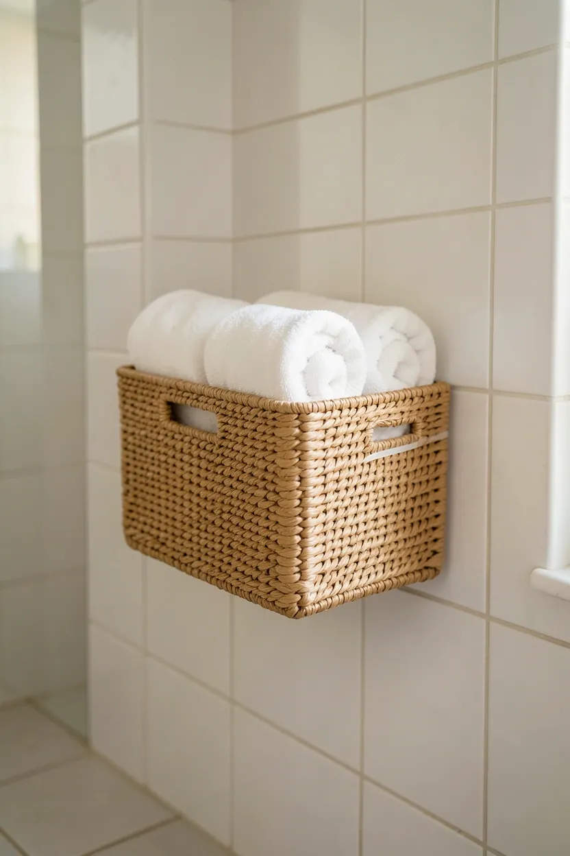 Woven seagrass wall basket holding rolled white towels mounted on a light gray bathroom wall in a small rental apartment