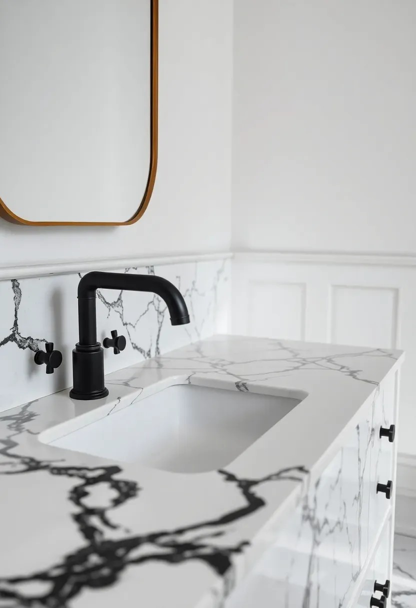 White marble bathroom with dramatic black veining on walls and floor — luxurious timeless design