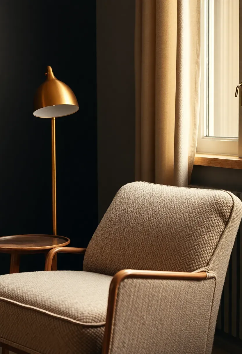 Boucle reading nook with brass floor lamp