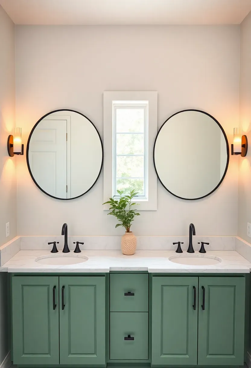 Double vanity bathroom with sea glass green painted cabinets, white quartz countertops, two round mirrors with thin black frames, and chrome wall sconces