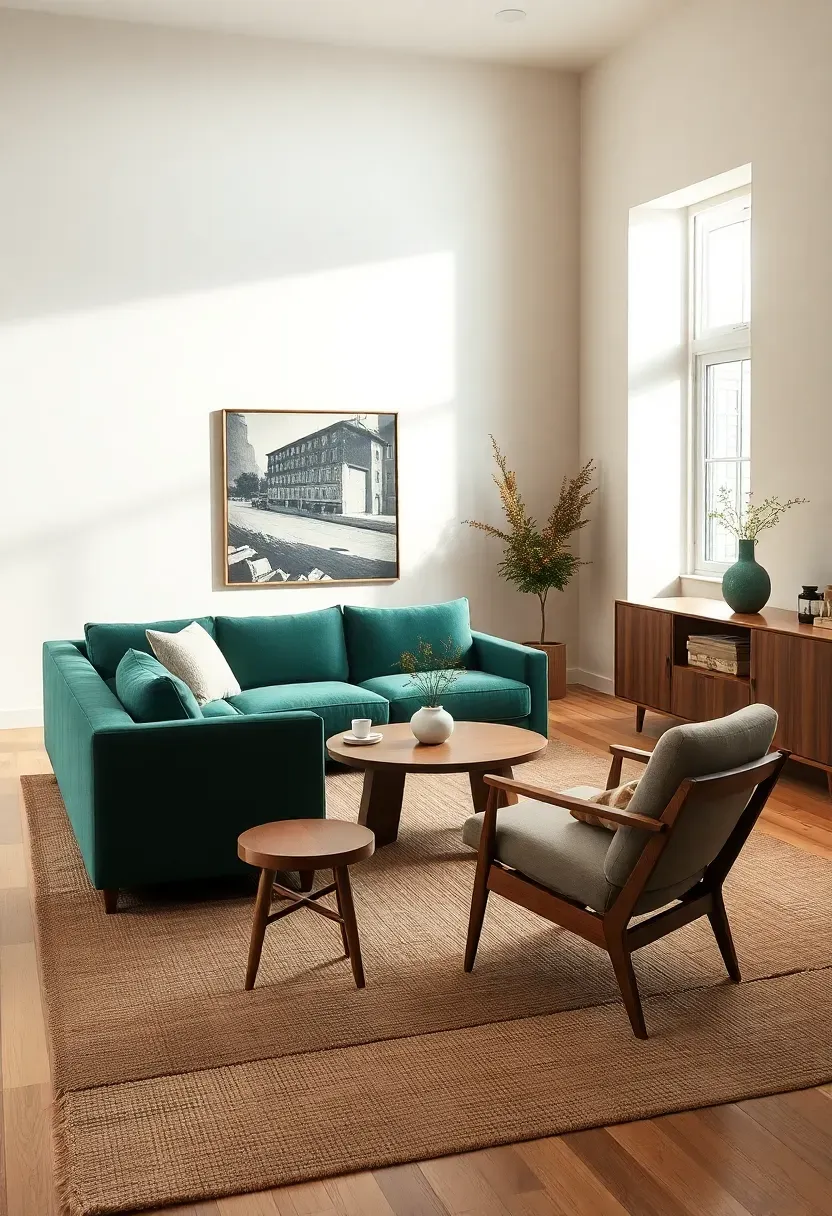 Open-plan green sofa anchored by walnut table