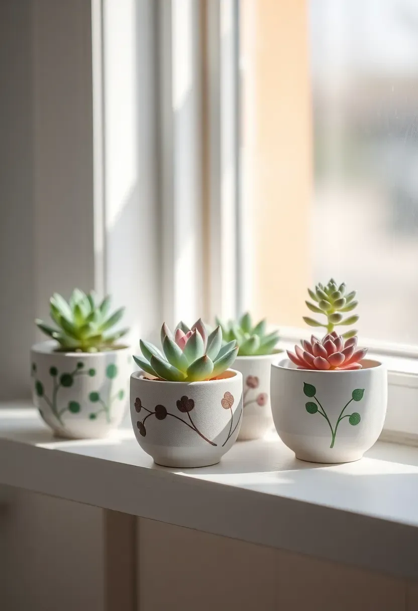 mini succulent plants in hand-painted ceramic pots with baby names on a display shelf