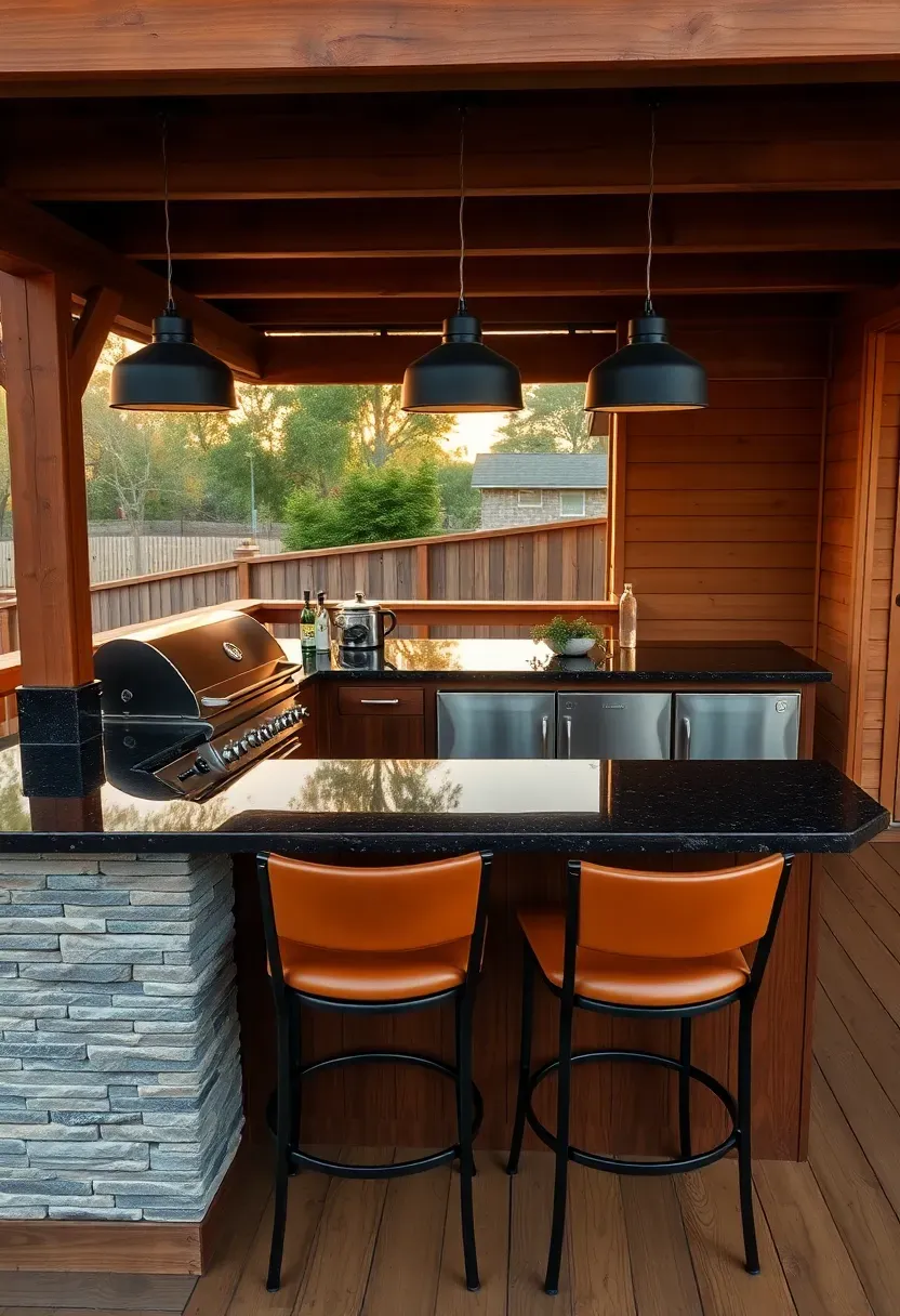 Expansive outdoor kitchen deck with a built-in stainless steel grill station, granite countertops, bar seating, and pendant lights hanging from a timber frame