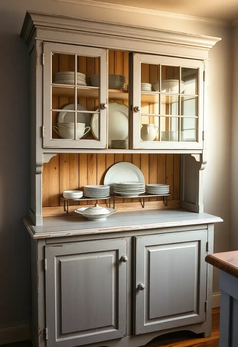 Cream chalk-painted freestanding antique hutch with glass-front upper cabinets displaying vintage dishware and open lower shelves in a renter-friendly cottage kitchen