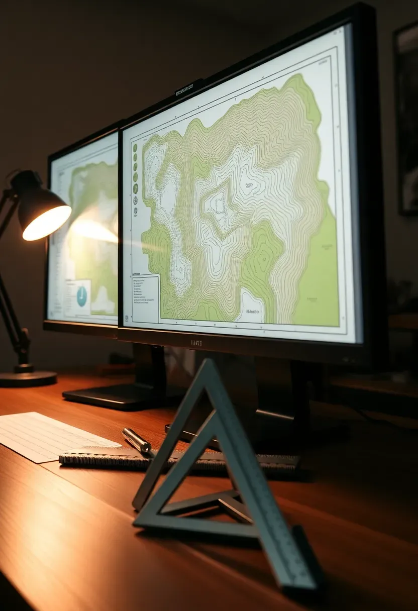 Vectorworks Landmark software interface showing a detailed site plan with grading contours, planting areas, and irrigation layout for a large backyard