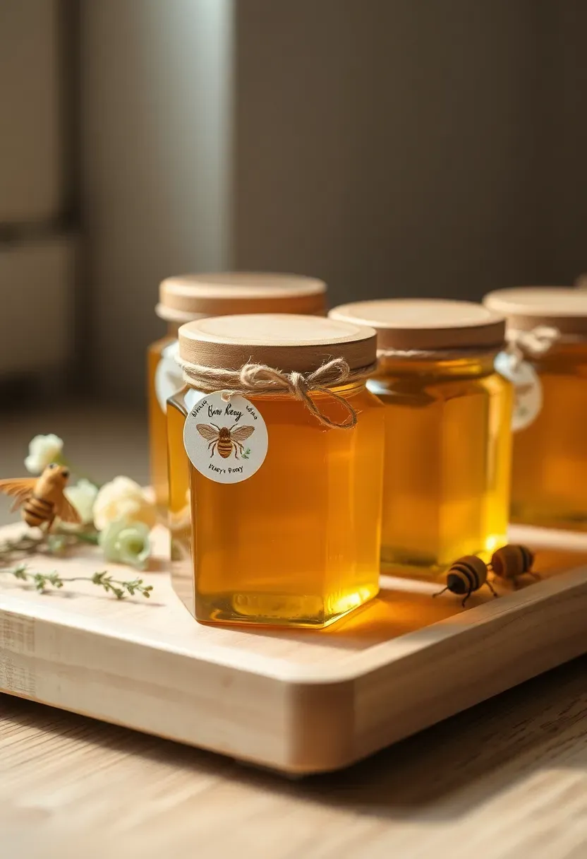 Botanical honey jar baby shower favors with wooden lids, jute twine, and bee motif on pine tray