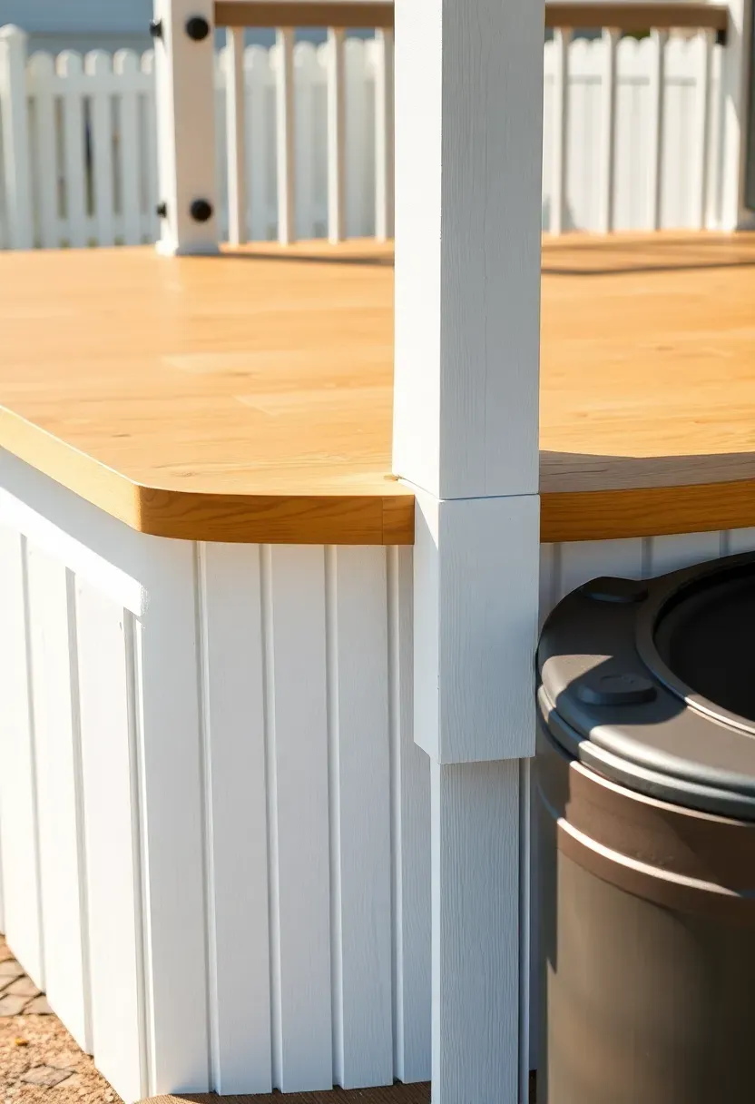 A farmhouse-style deck with white-painted board-and-batten skirting panels concealing the swim spa base and equipment area