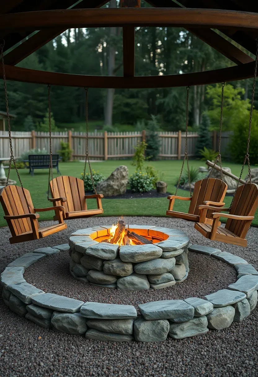 Hyper-realistic 3/4 view of a firepit with swing seats showing a circular stone firepit with fire visible, surrounded by four built-in wooden swing seats suspended from a circular overhead beam structure, creating a conversational circle with plenty of leg room. Materials: natural stone firepit, cedar wooden swing seats with sturdy rope or chain suspension, timber overhead beam structure, gravel or mulch ground surface, visible garden or yard beyond. Evening lighting with fire glow illuminating swing seats and creating joyful camp atmosphere, visible motion suggestion in swing arrangement. Nostalgic camp-like feeling with permanent construction quality. Shallow depth of field emphasizing firepit and swing seats foreground with structural support and yard context visible beyond. No text, no logos, no watermarks.</p>