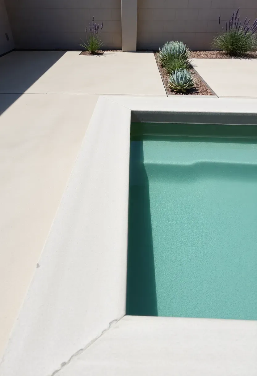A minimalist backyard with a poured concrete hot tub integrated into a smooth concrete patio with clean geometric lines and sparse drought-tolerant planting