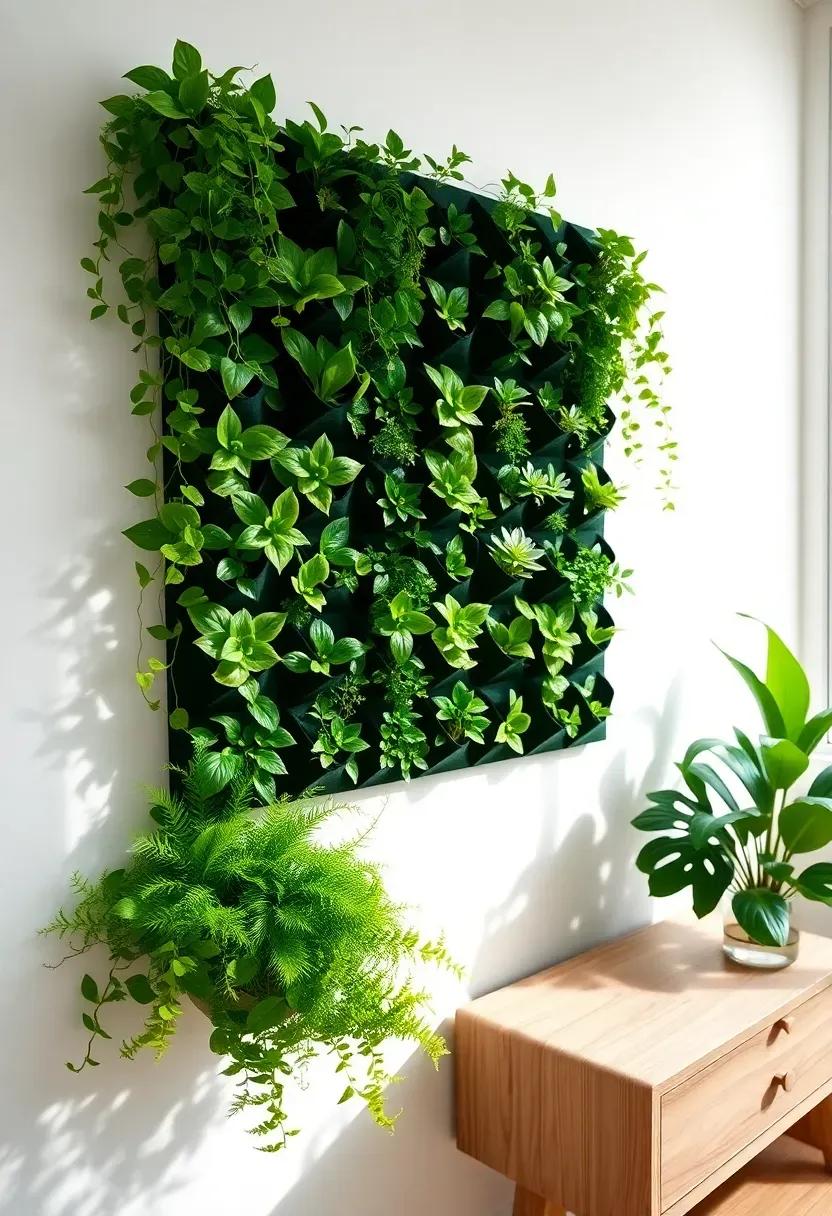 Lush vertical garden panel mounted on an interior wall with trailing ferns, pothos, and small succulents in a modular green wall system