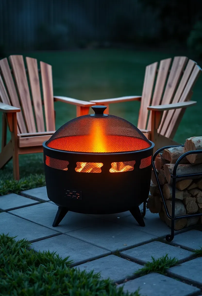 A portable steel fire pit with a spark screen sitting on a paver pad in a backyard, with two Adirondack chairs nearby and firewood stacked in a metal rack