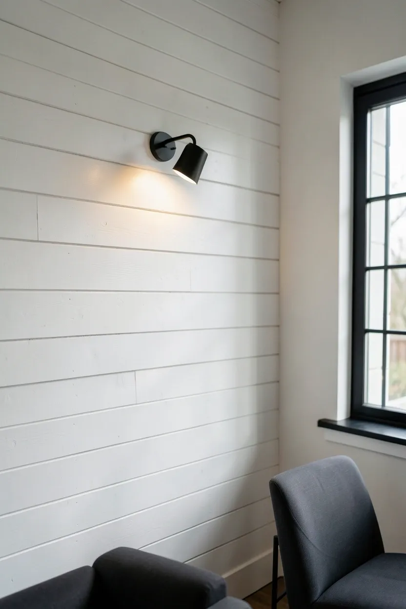 White horizontal shiplap accent wall with modern geometric pendant light in modern farmhouse living room