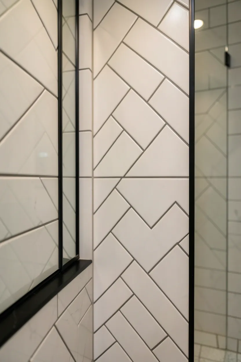 White subway tiles arranged in a herringbone pattern across shower walls with white grout and black Schluter edge trim — modern aesthetic bathroom tile idea