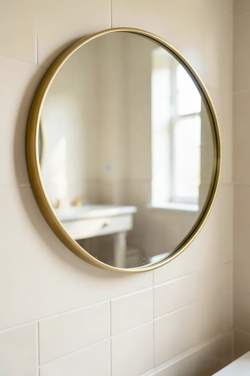 Large round mirror with thin brass frame above vanity in a small apartment bathroom, reflecting light