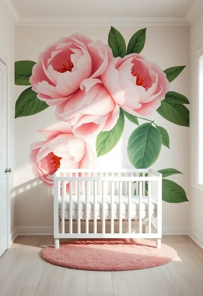 nursery with large floral wallpaper statement wall featuring soft pink peonies and green leaves