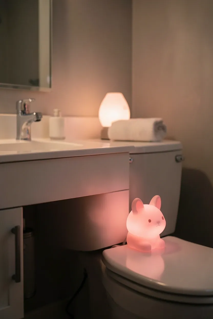 Star-shaped nightlight glowing softly in a darkened Toca Boca family bathroom near the toilet, providing safe late-night guidance for children