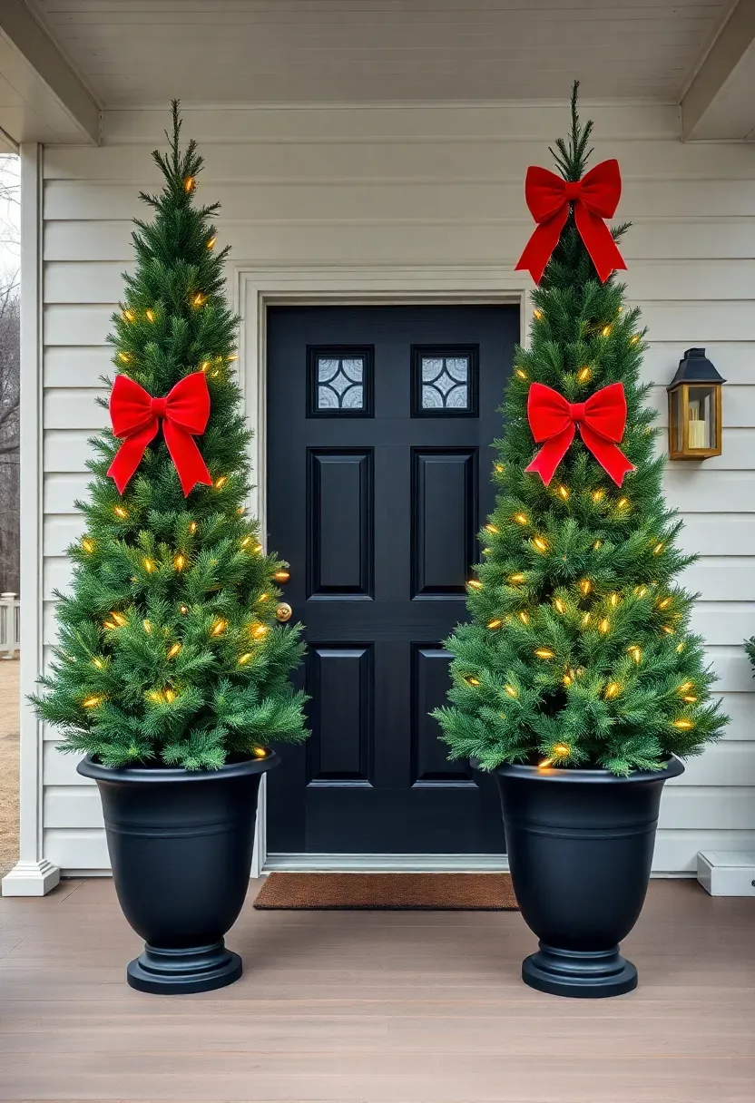 Hyper-realistic exterior shot of front entrance featuring two matching potted Alberta spruce trees flanking dark wood front door. Each tree is approximately 6 feet tall, planted in matching black fiberglass urns (20-inch diameter). Trees are wrapped with warm white LED mini lights from base to tip, featuring large velvet red bow at tree top. Porch has painted wood floor, white house siding with black shutters visible, brass house numbers and hardware. Overcast daylight (4500K) creating even illumination showing tree symmetry and fullness. Background shows bare trees in yard, gray sky. Materials: Alberta spruce, black fiberglass urns, LED lights, velvet ribbon, painted wood, brass. Formal balanced mood, medium composition emphasizing symmetrical entrance framing, centered composition. No text logos watermarks.</p>