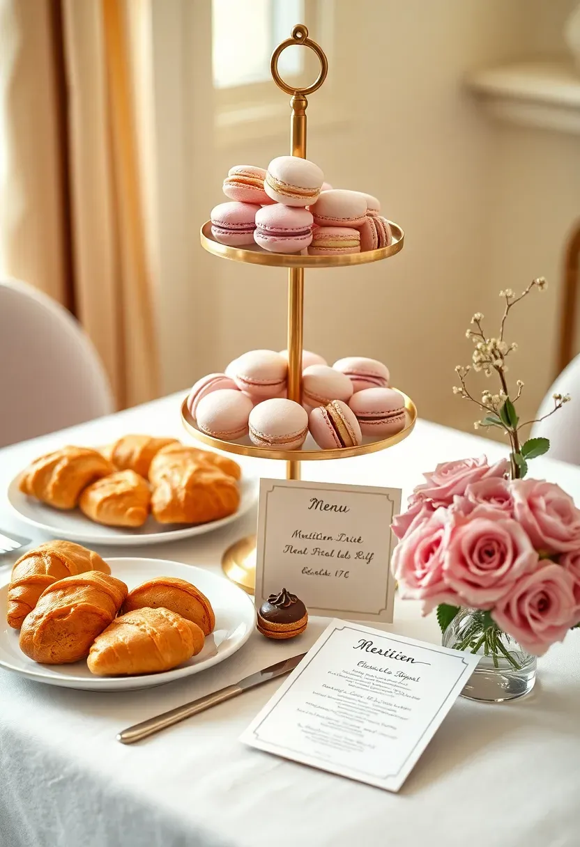 elegant Parisian patisserie themed baby shower with macarons croissants and blush decor