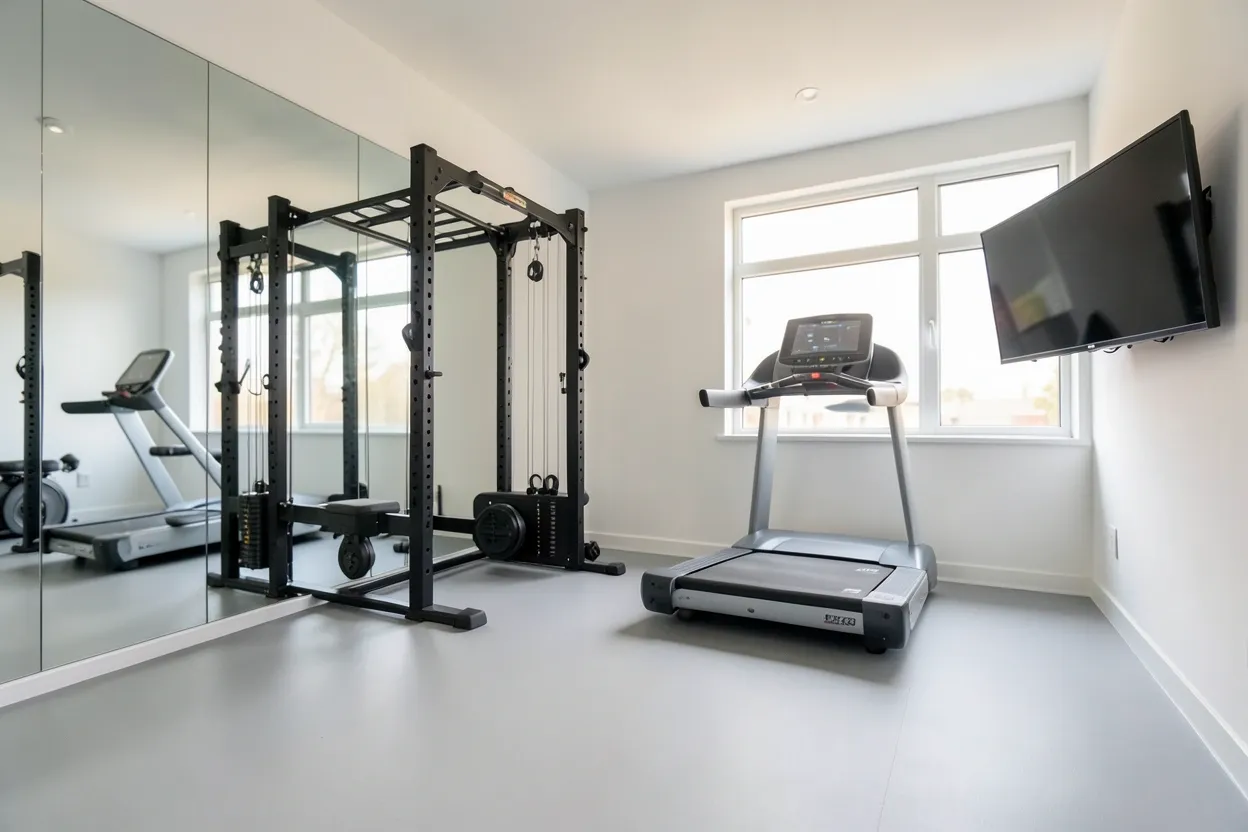 Bright home gym in a small apartment room with rubber flooring, wall-mounted storage, dumbbells, and natural light