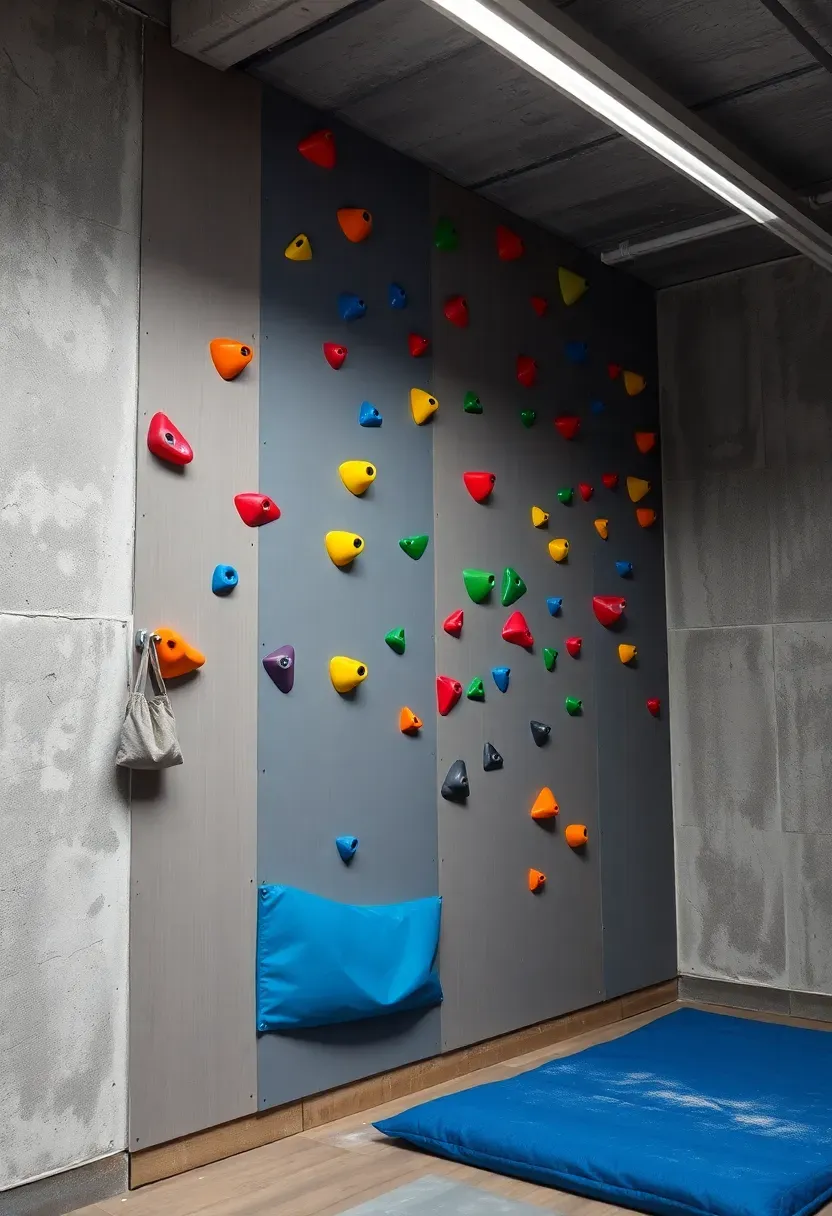Colorful indoor climbing wall installed on a basement concrete wall with various holds, crash pad below, and chalk bag hanging from a hook