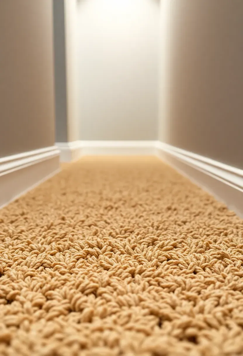 close-up of frieze twist carpet in a sandy tan color installed in a basement hallway